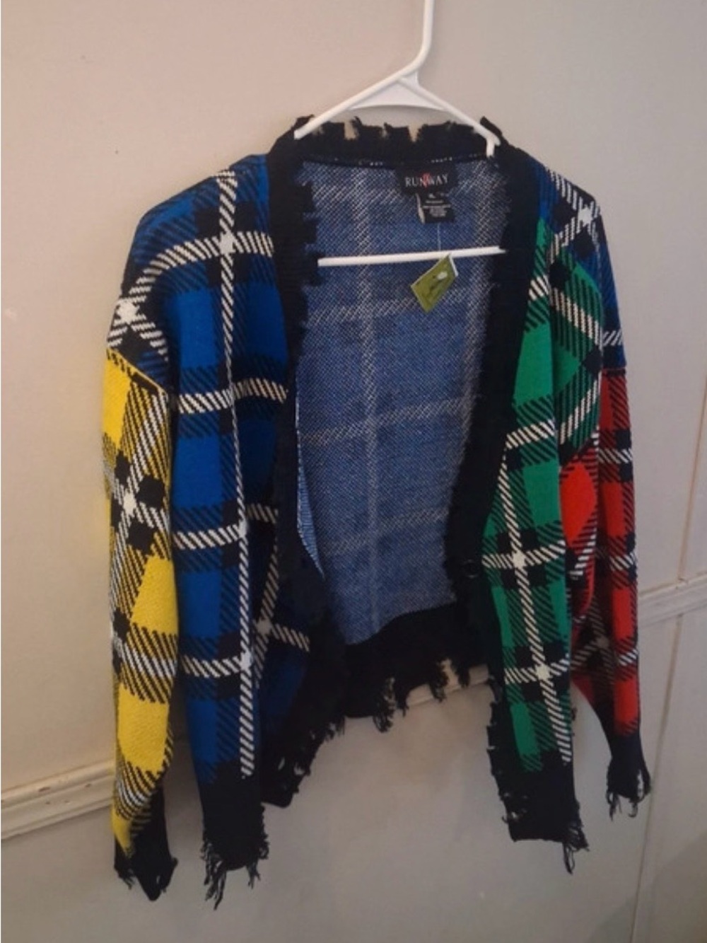 Multi-Color Plaid Varsity Cardigan Jacket with 'A' Patch - Picture 2 of 7